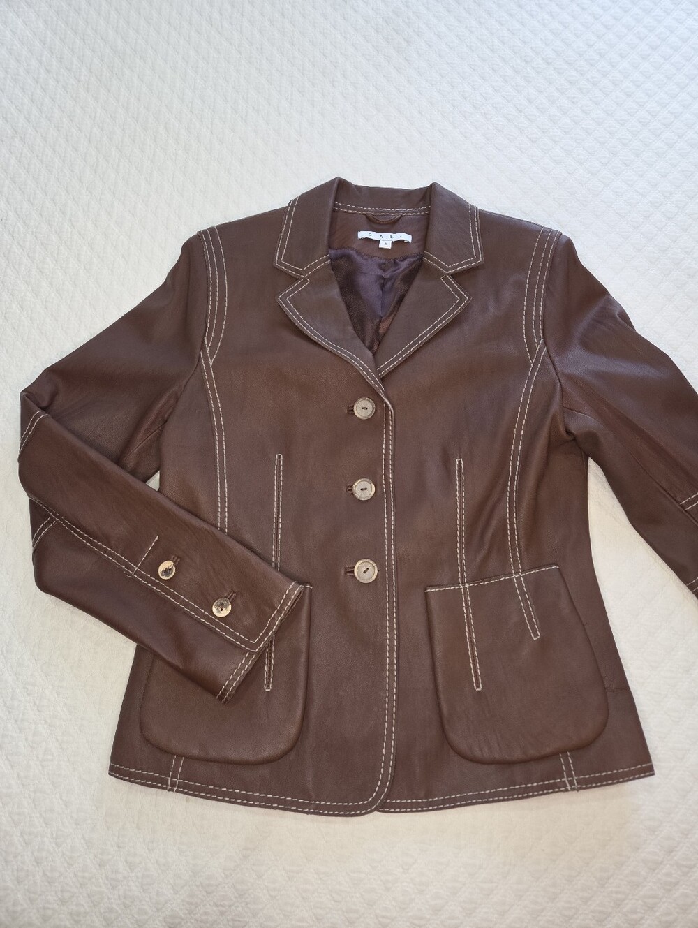 Cabi Brown Genuine Leather Blazer Jacket Size 8 Contrast Stitching Alt Prep